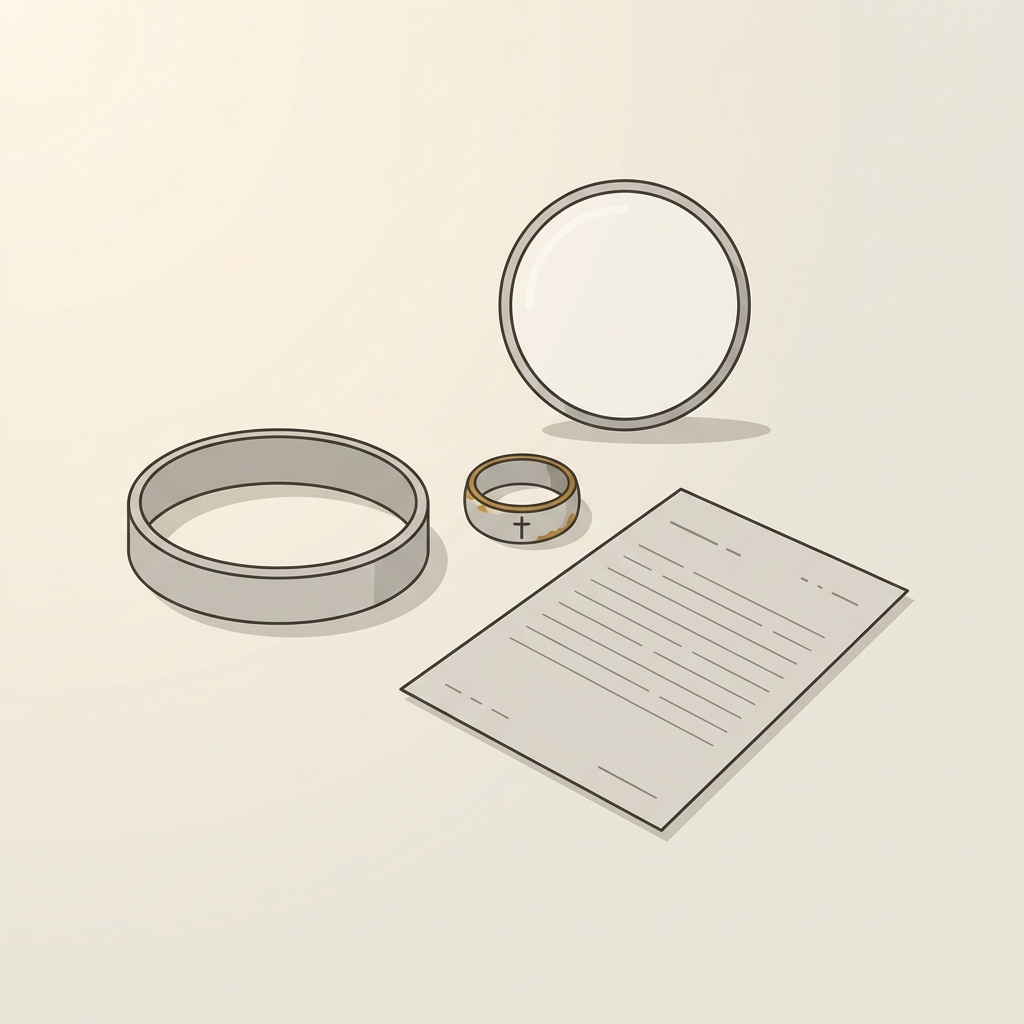 Minimal 2D vector illustration of an ancient christian ring beside a modern pledge wristband and magnifying loupe on a neutral desk background