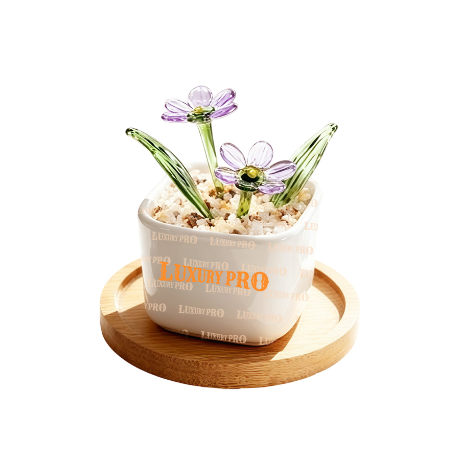 Wooden Base With Glass Flowers