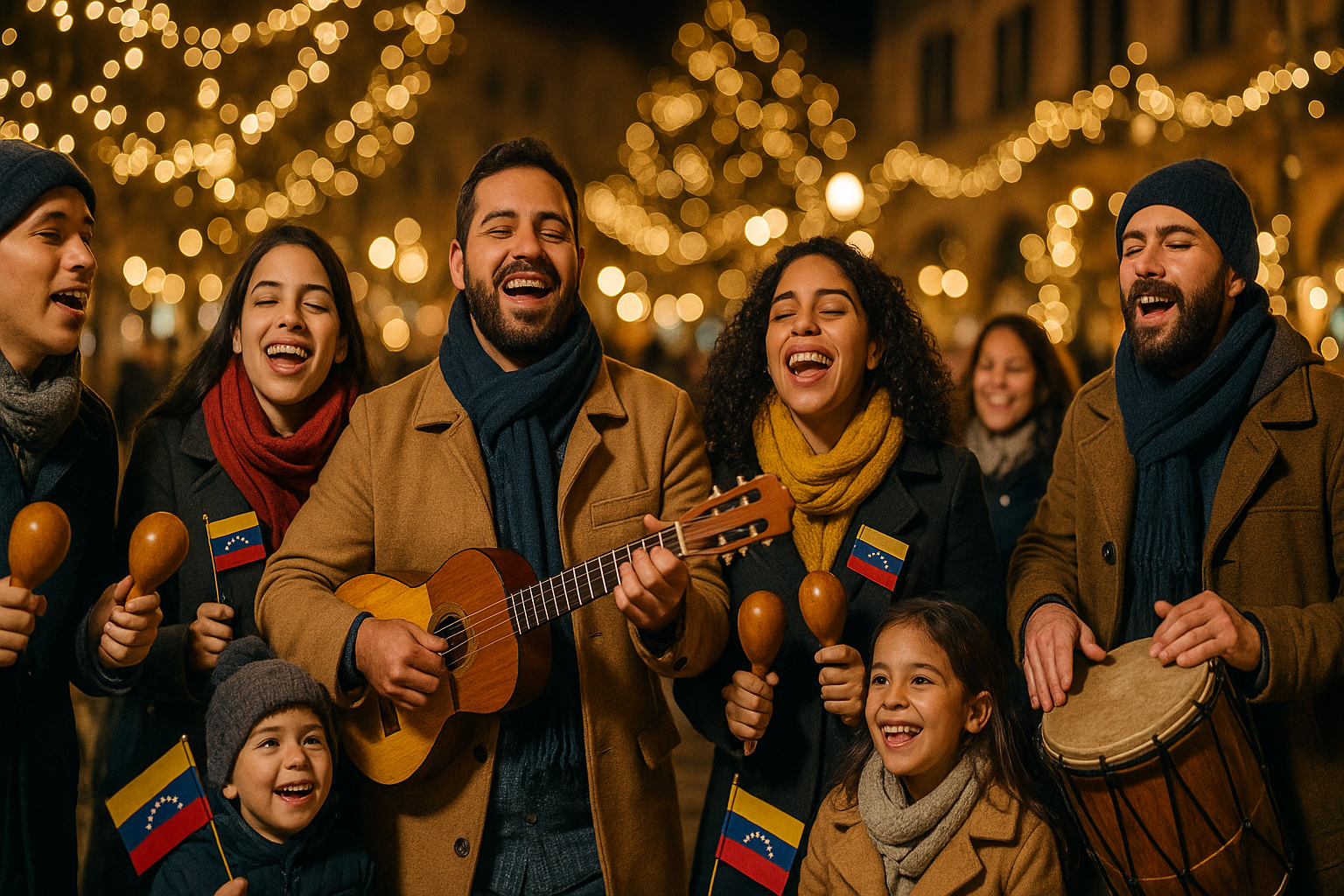 Venezolanos cantando gaita en una plaza iluminada en invierno