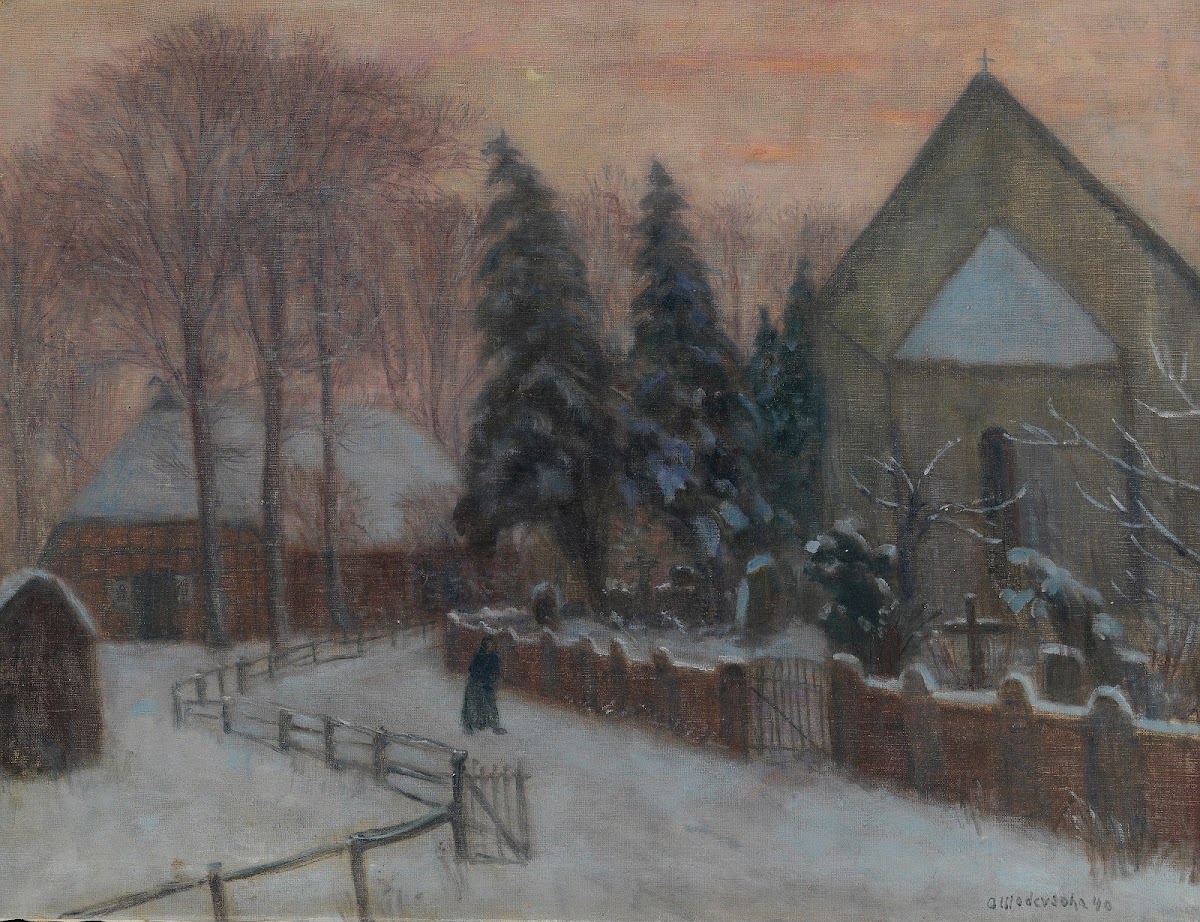 Winterabend Fischerhuder Kirche mit Heimathaus 1940