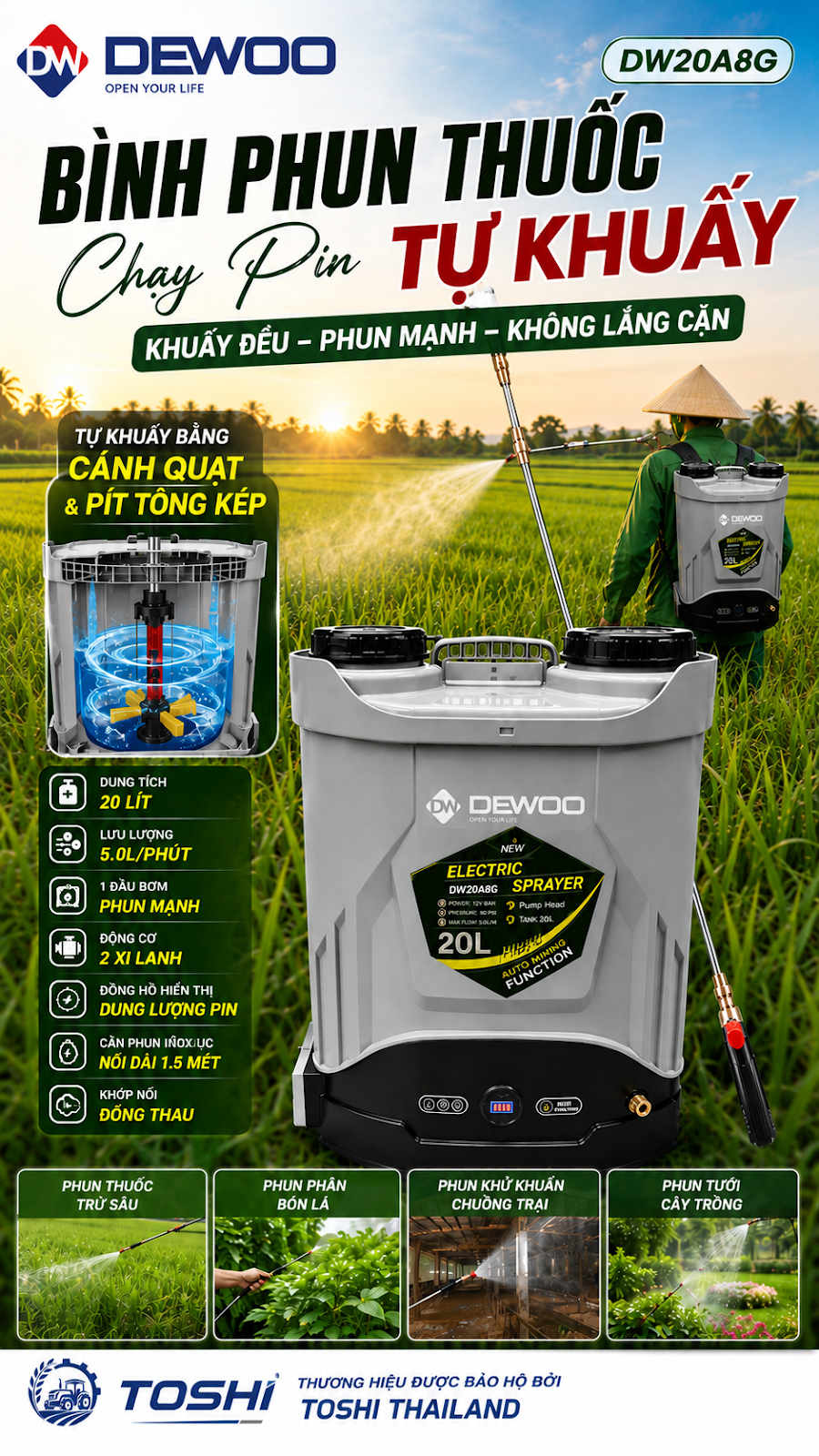 Bình phun thuốc tự khuấy - DEWOO DW20A8G - 20L 1 bơm 