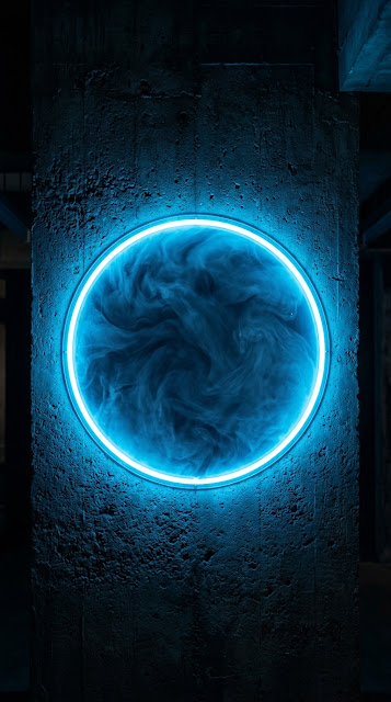 Neon Blue Circular Light on Dark Textured Concrete Wall - Free mobile Wallpaper