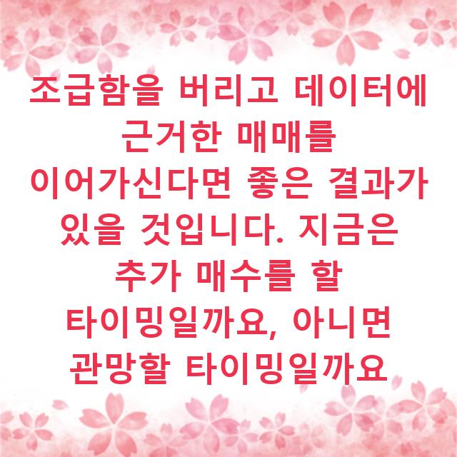 조급함을 버리고 데이터에 근거한 매매를 이어가신다면 좋은 결과가 있을 것입니다. 지금은 추가 매수를 할 타이밍일까요, 아니면 관망할 타이밍일까요