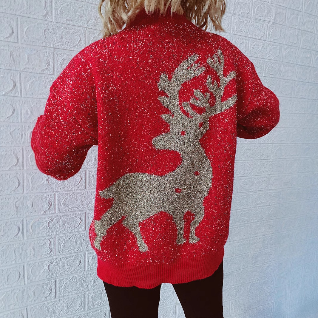 Women's Christmas sweater with snowflakes and reindeer jacquard
