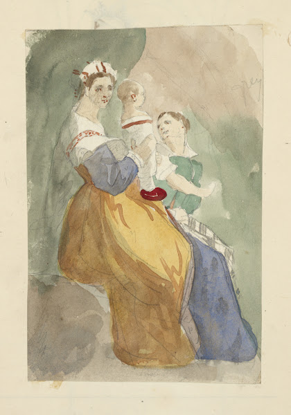 Two seated women one holding a baby 1840
