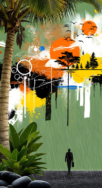 Tropical Abstract Collage with Rain and Palm Silhouette - Free mobile Wallpaper