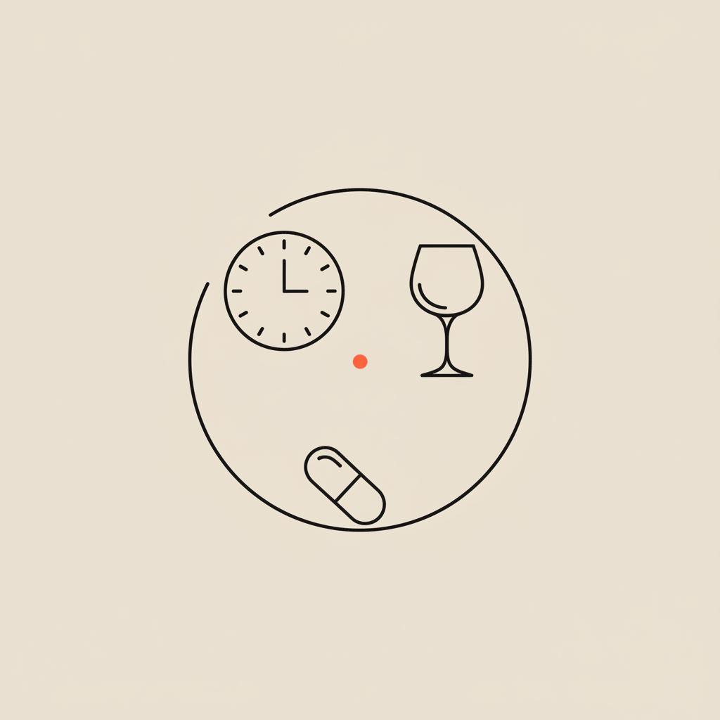 Minimal 2D line illustration of a clock, wine glass and capsule arranged in a circle on beige background, symbolizing timing and choices and the 1/2/3 rule for alcohol.