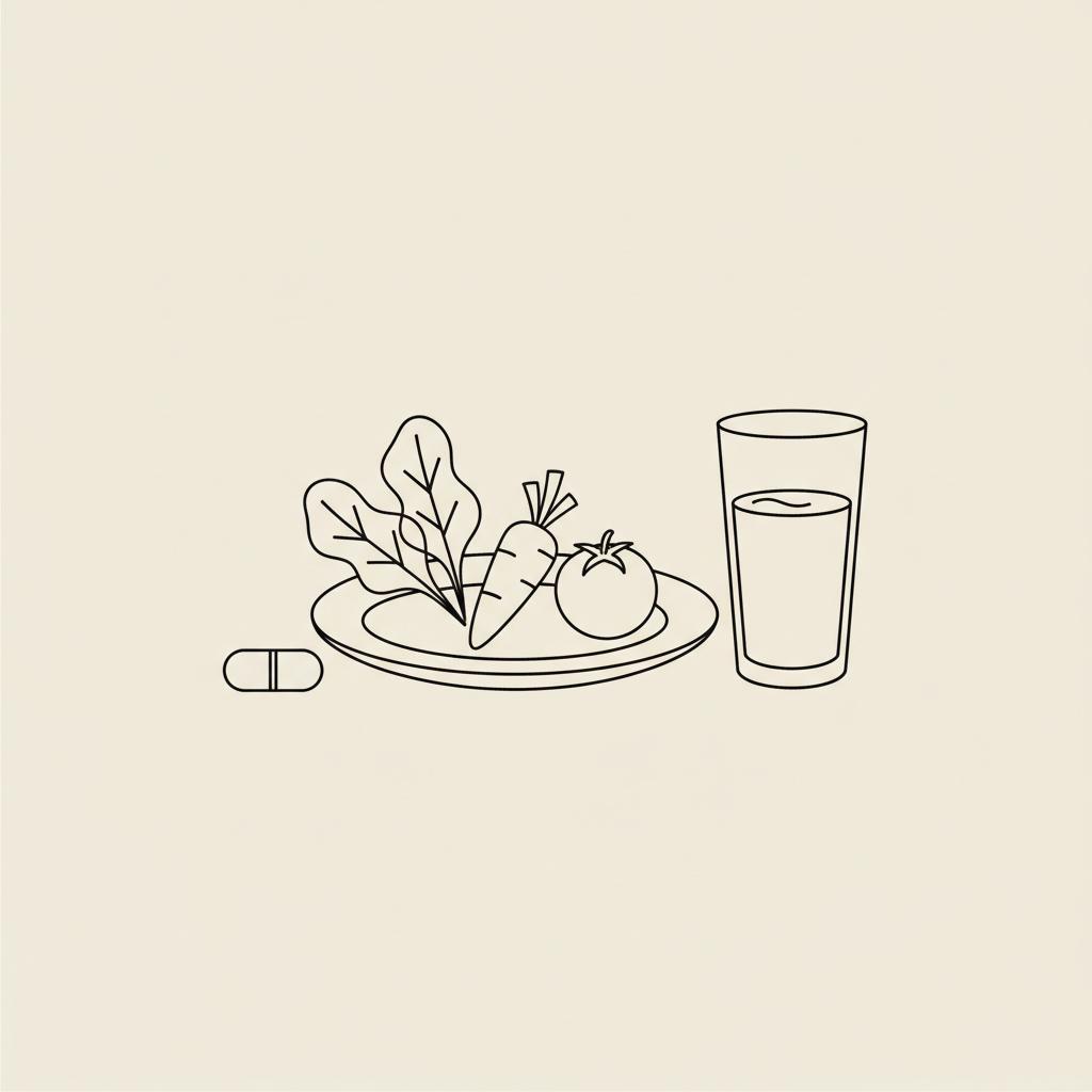 Minimal Tonum-style line illustration of a plate with vegetables, a capsule, and a water glass on beige background, symbolizing steps to reverse fatty liver quickly.