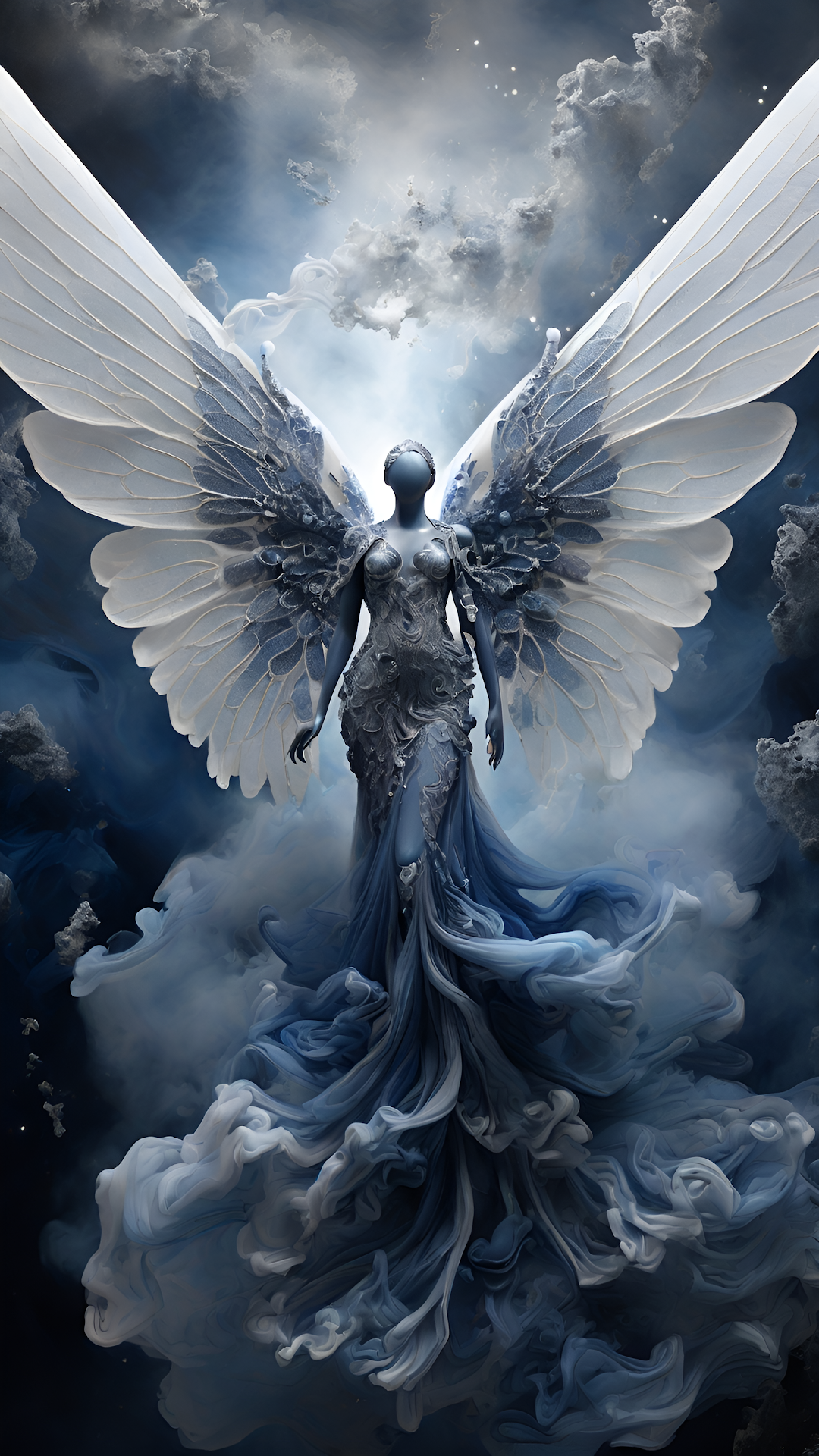 Ethereal Angelic Figure with Massive White Wings and Smoke - Free 4K mobile Wallpaper