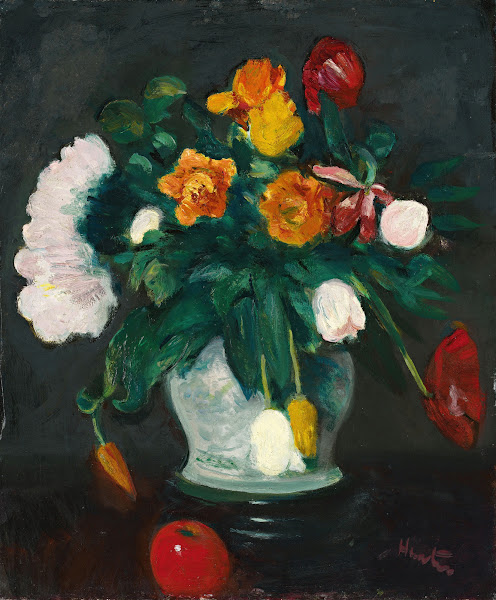 Flowers in a Vase and Apple