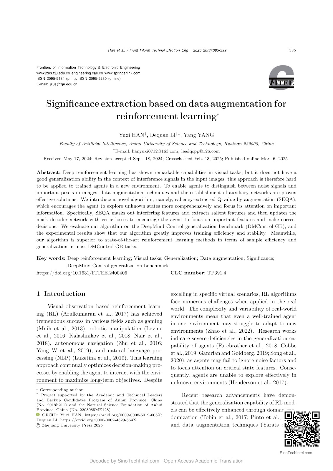 Significance extraction based on data augmentation for reinforcement learning