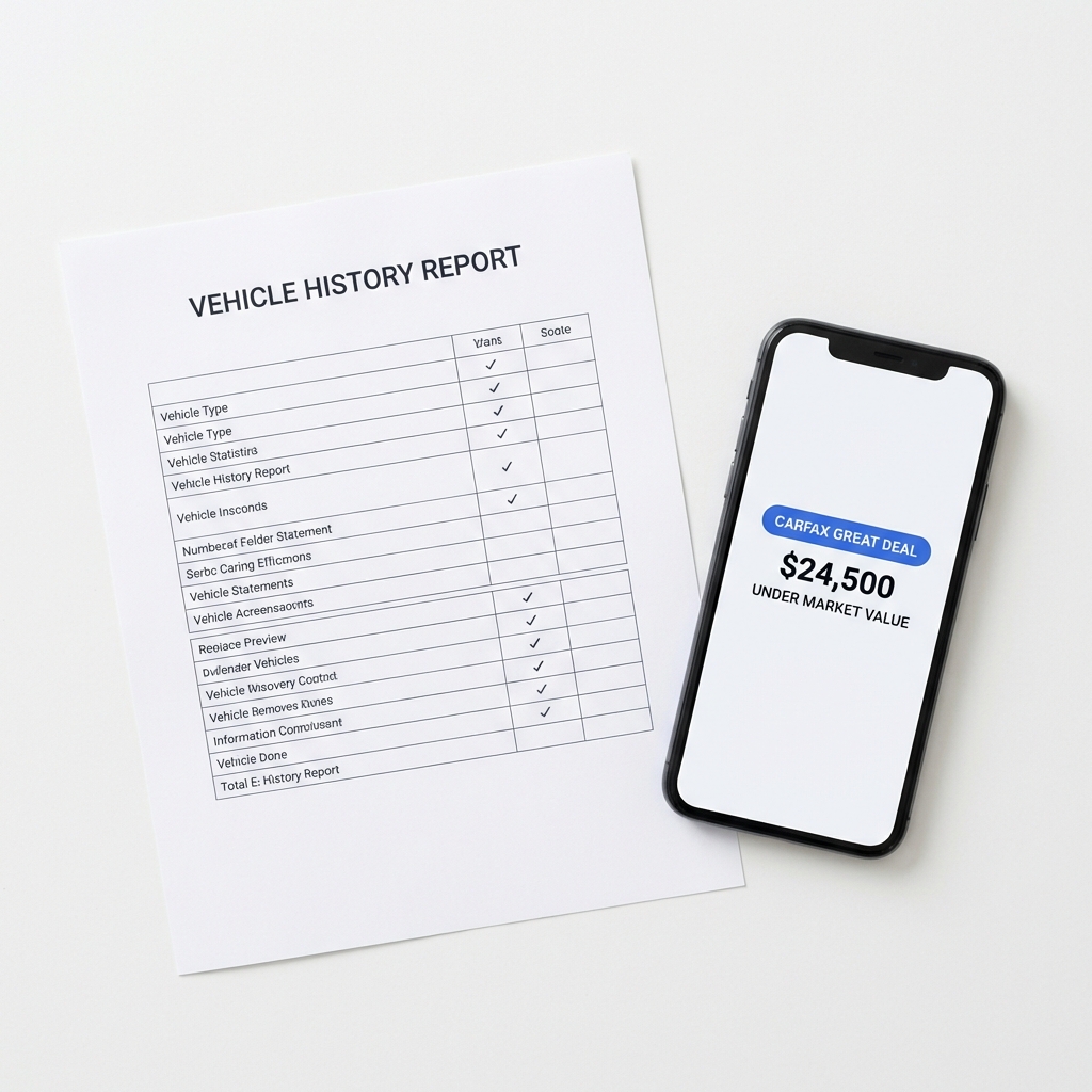 Close up of a vehicle history report beside a smartphone showing a price analysis label for hondas near me minimal white CarFax Deals style background