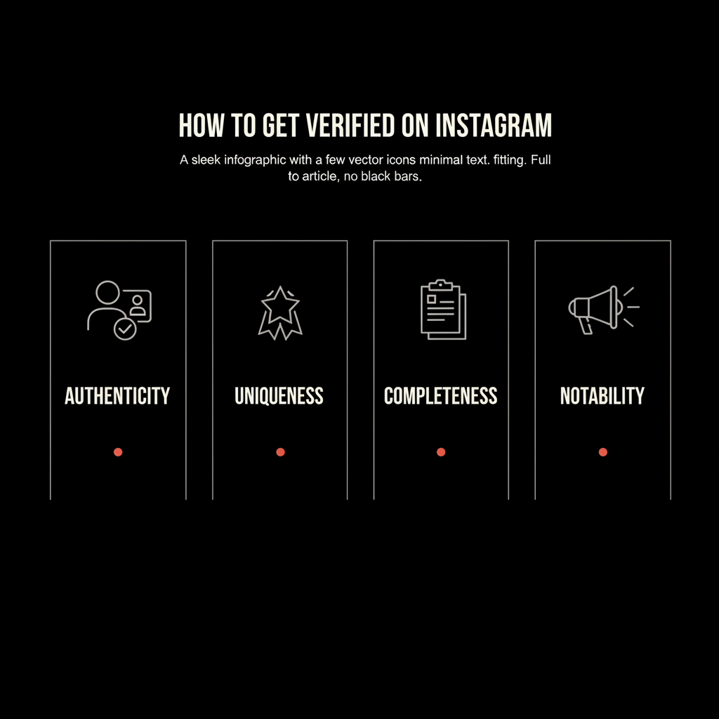 Minimal full-frame infographic for how to get verified on instagram showing four pillars: Authenticity, Uniqueness, Completeness, Notability with clean vector icons and brand colors.