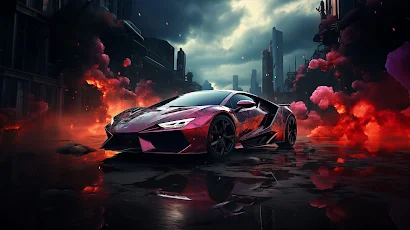 Ai Art, Sports Car, Fire, Smoke, Clouds 5K Wallpaper