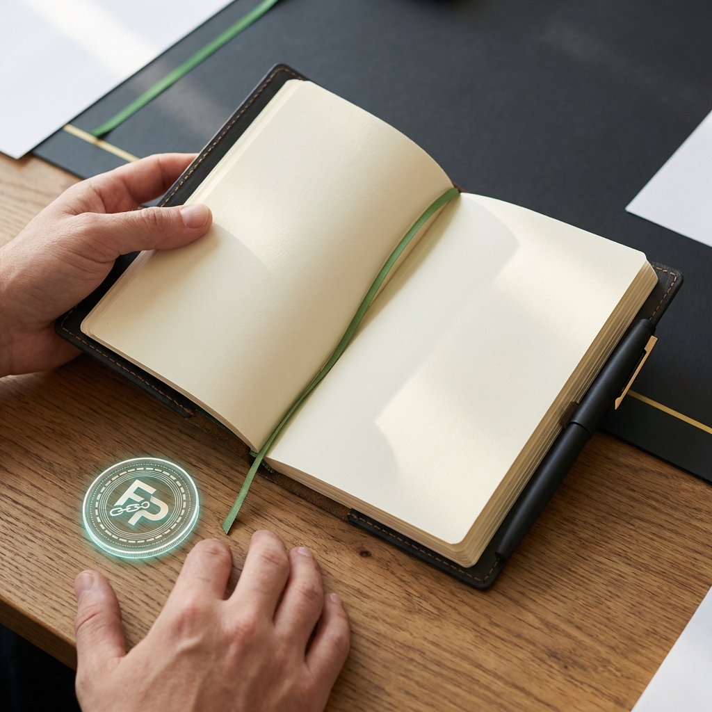 Close up of hands holding a ledger notebook next to a digital coin on a wooden desk representing a crypto retirement account in natural light minimalist composition