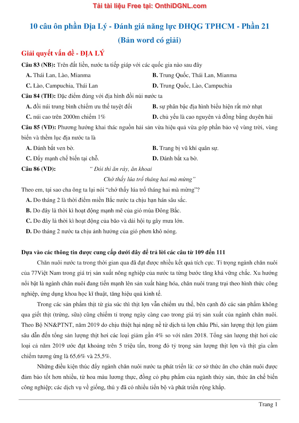 250 bài tập môn Địa Lý - Ôn thi ĐGNL ĐHQG TP HCM Phần 21