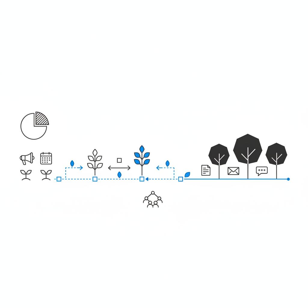 Minimal 2D vector of a channel garden growing into an orchard: seedlings with ads and events icons maturing into trees with content and email icons, illustrating the best form of lead generation