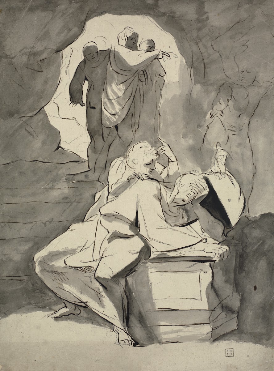 A man in despair over a tombstone in a cave with other figures 1770  1779