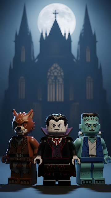 LEGO Classic Monsters in Front of Gothic Cathedral and Full Moon - Free mobile Wallpaper