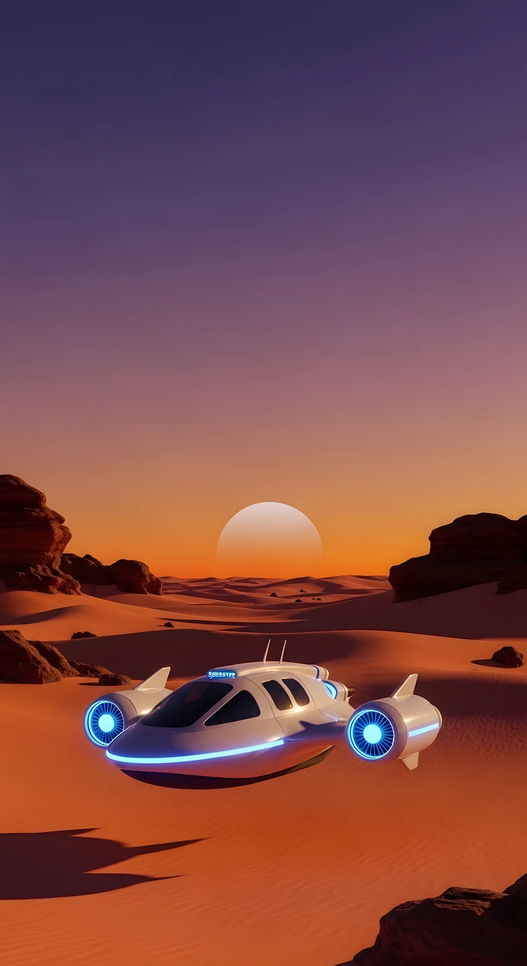 Futuristic Hovercraft in a Desert Sunset - Free 4K mobile Wallpaper