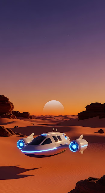 Futuristic Hovercraft in a Desert Sunset - Free mobile Wallpaper