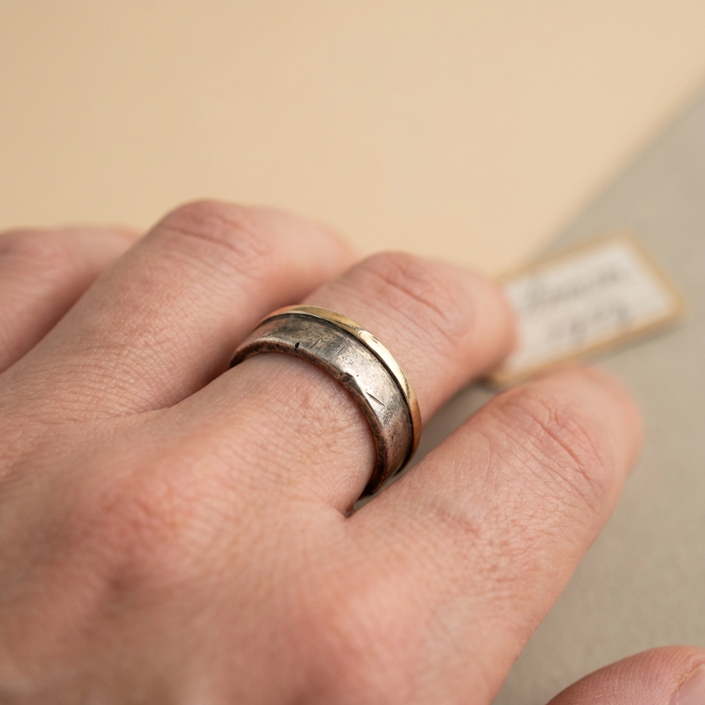 Close-up of worn silver egyptian wedding ring finger on right hand showing patina and tooling marks on a soft beige background