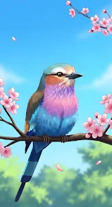 Vibrant Tropical Bird on Pink Cherry Blossom Branch Art