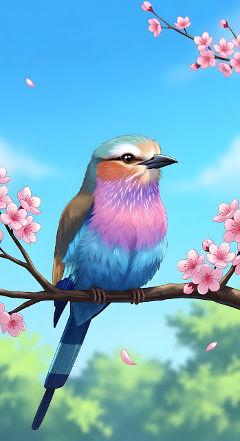 Vibrant Tropical Bird on Pink Cherry Blossom Branch Art - Free mobile Wallpaper