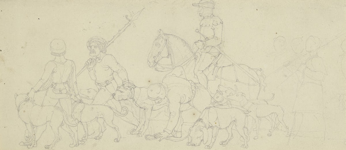 Ein Ritter zieht mit Knechten und vielen Hunden zur Jagd