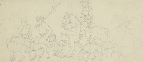 Ein Ritter zieht mit Knechten und vielen Hunden zur Jagd