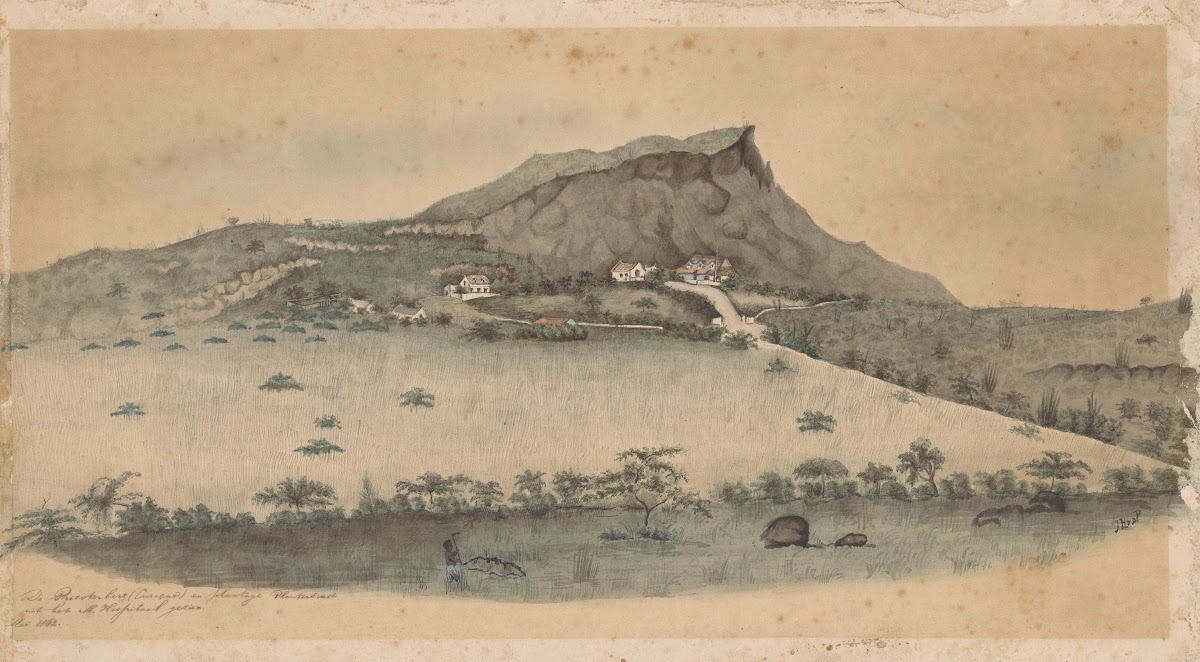 Gezicht op de plantage Plantersrust op Curaçao 1862
