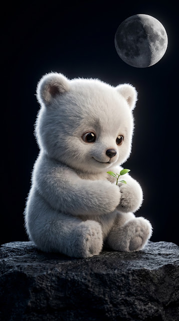 Cute 3D Fluffy Bear Holding A Leaf Under The Moon - Free mobile Wallpaper