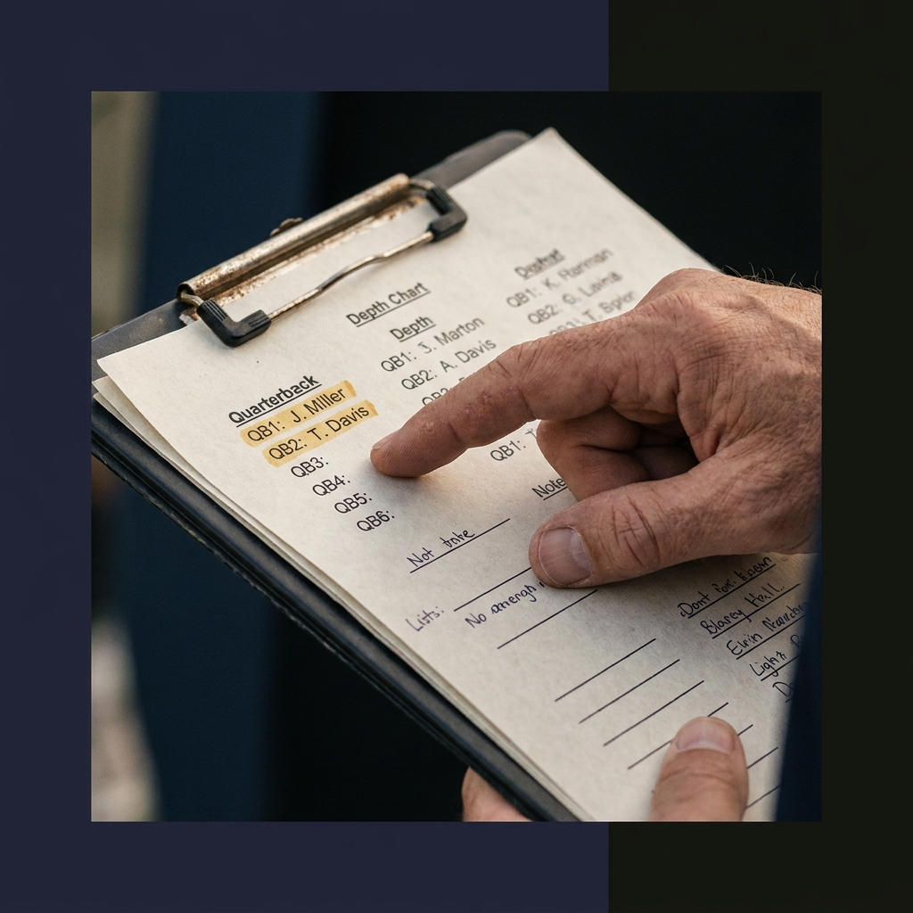 Close up of a coach pointing to a play sheet with visible depth chart notes and highlighted quarterback names in warm tones illustrating How Quarterback Injuries Move NFL Odds in a minimalist Funded Plays style