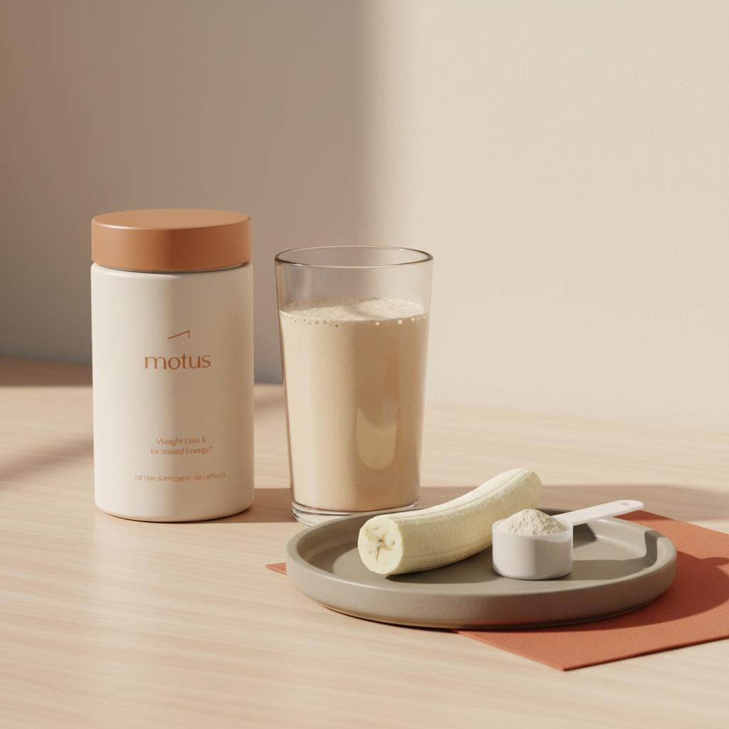 Minimalist breakfast scene with a prepared protein shake, Tonum Motus supplement bottle, scoop of powder and half banana — best protein shake for weight loss