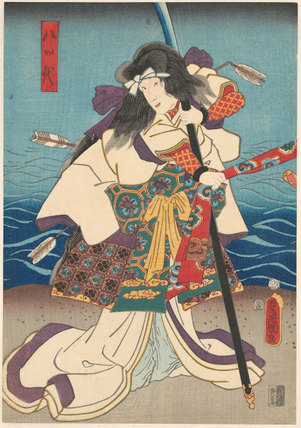 Three kabuki actors pulling a red banner 1854