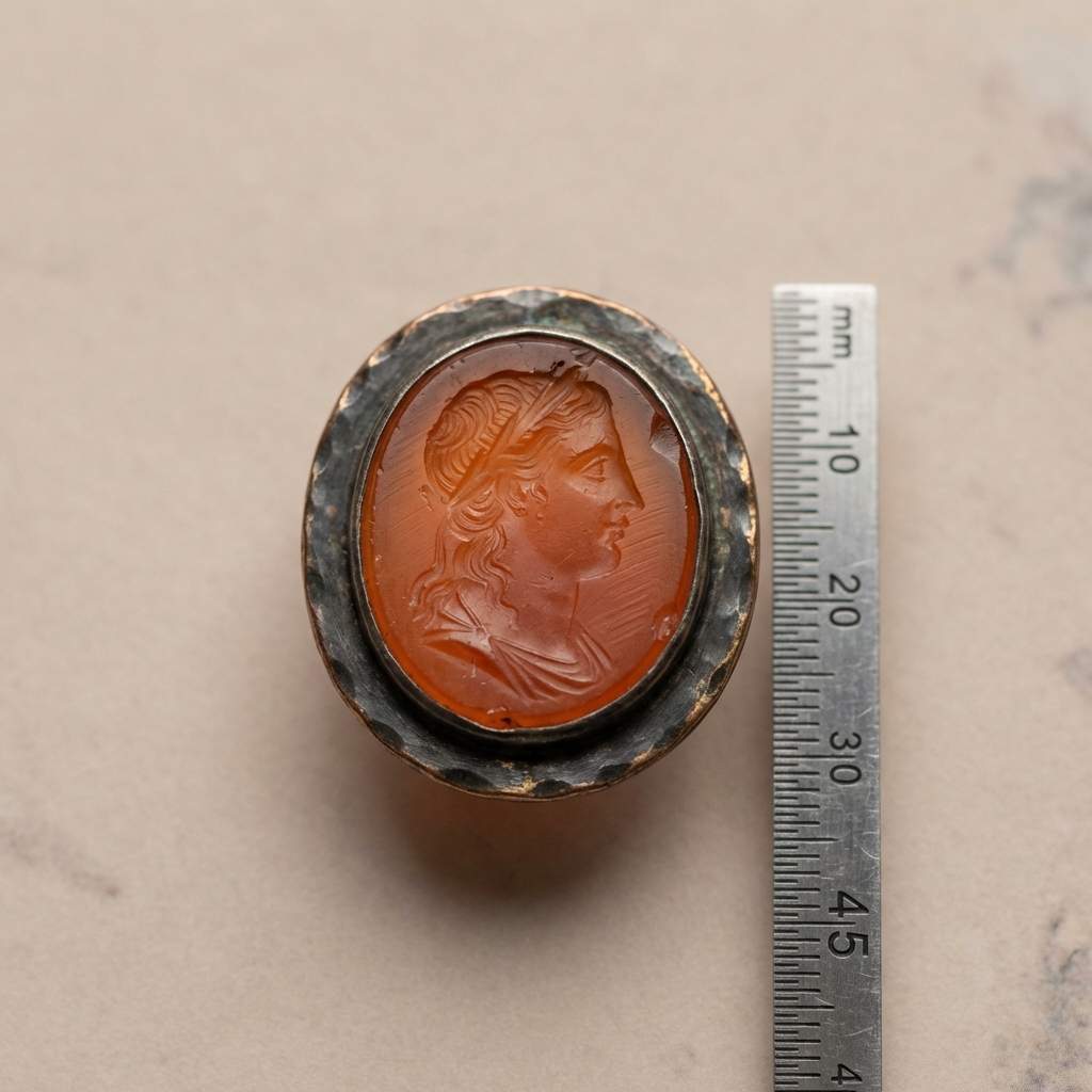 Macro photograph of a carnelian intaglio bezel showing carved tool marks and a millimetre scale for romanjewelry close detailed view