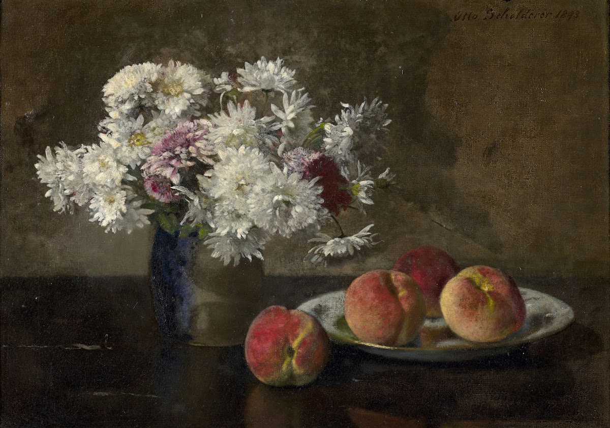Bouquet of dahlias and peaches on an entablature 1893