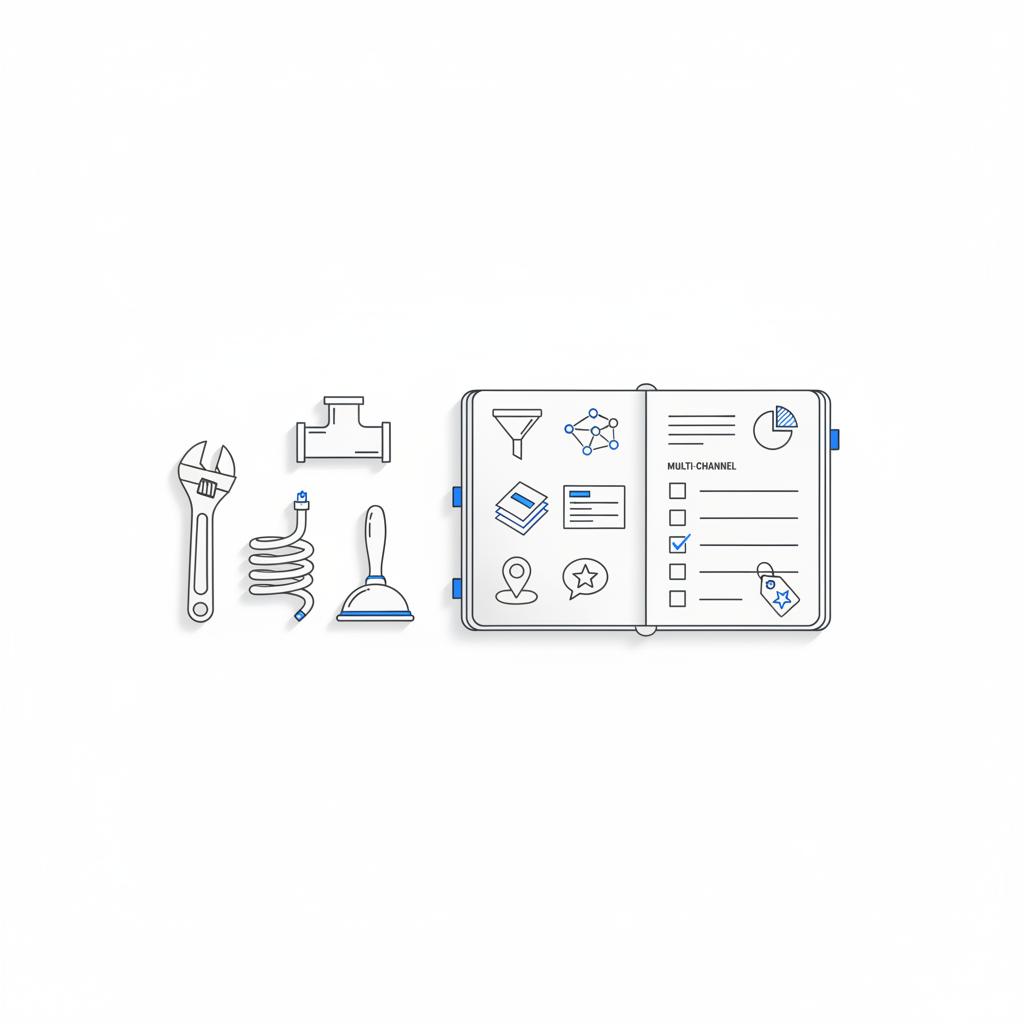 Top-down vector workspace with plumbing tools and a sketched notebook checklist showing icons for GBP, service pages, review card and tracking number &mdash; how do I market myself as a plumber.