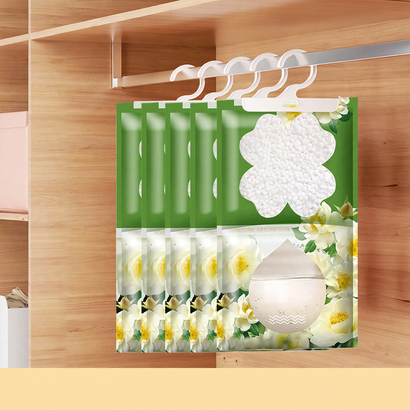 Hanging dehumidifying bag against moisture and mold