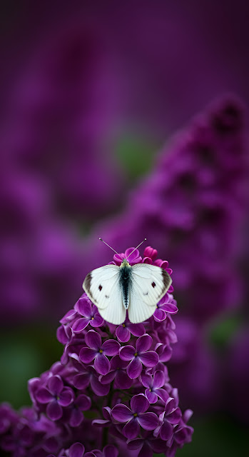 Soft Focus Macro Photograph of a White Butterfly on a Vibrant Purple Lilac Flower Cluster - Free mobile Wallpaper