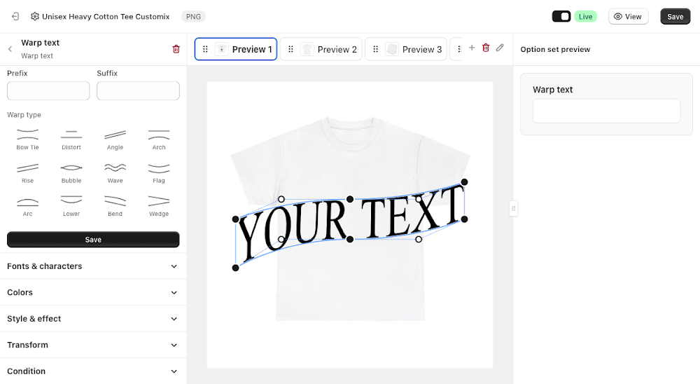 Edit warp points mode with draggable handles along the text's bounding box