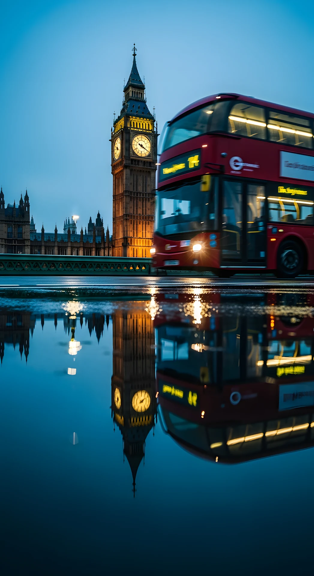 London Double-Decker Bus and Big Ben Reflected on Wet Westminster Bridge at Dusk - Free 4K mobile Wallpaper