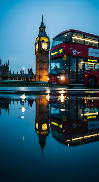 London Double-Decker Bus and Big Ben Reflected on Wet Westminster Bridge at Dusk - Free mobile Wallpaper