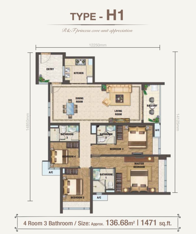 Princess Cove RNF Phase 2 Type H1 floor plan — 1471 sq ft, 4 bedrooms