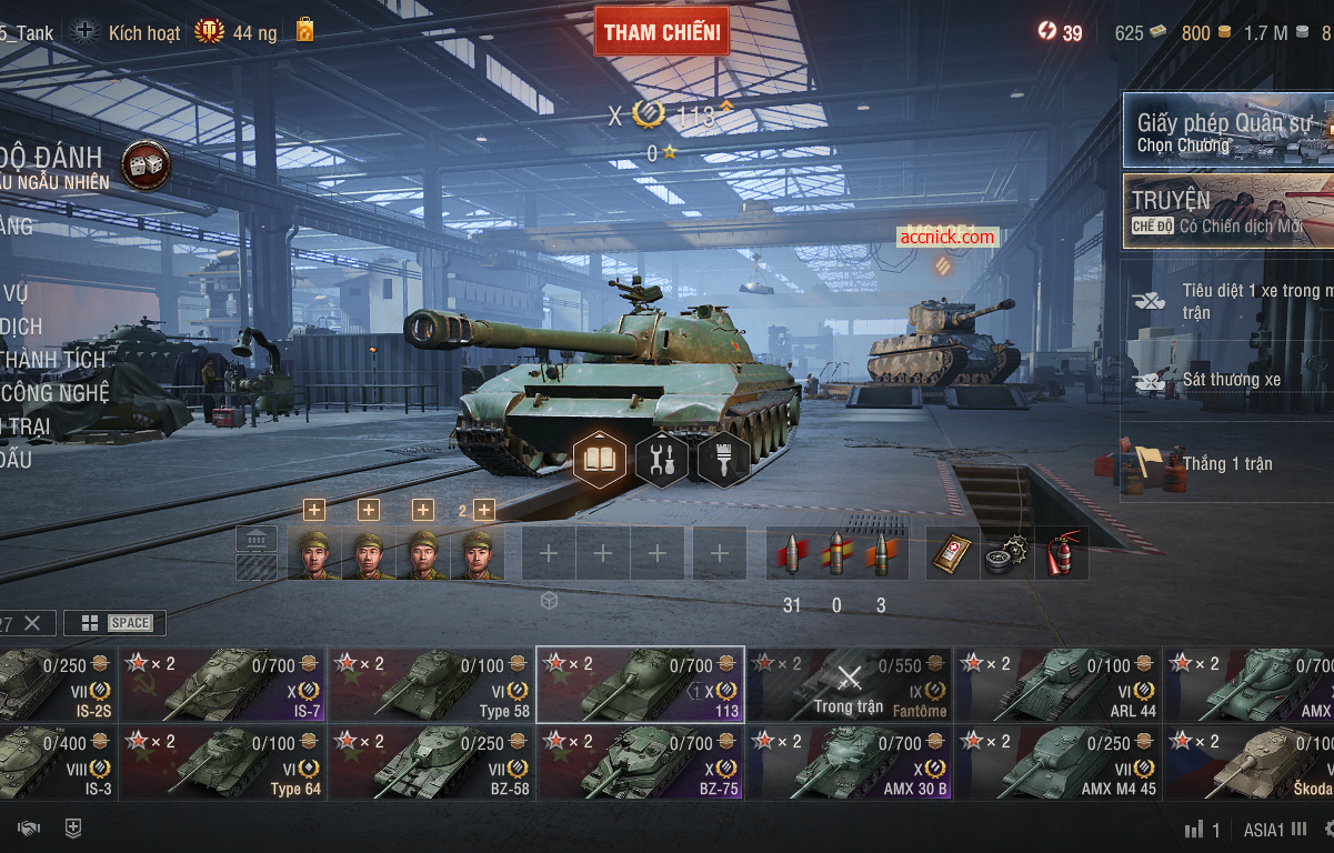 Acc World of Tanks PC gồm 6 tank X BZ-75, 113, IS-7, T-62A,...