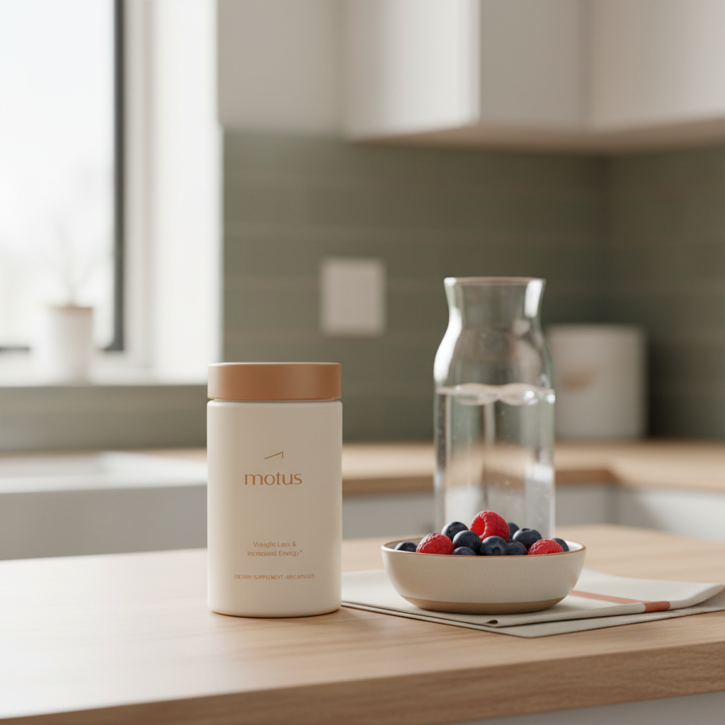 Minimalist kitchen scene with Tonum Nouro supplement jar on wooden counter beside berries and a glass carafe of water in natural light — Prevagen vs Neuriva
