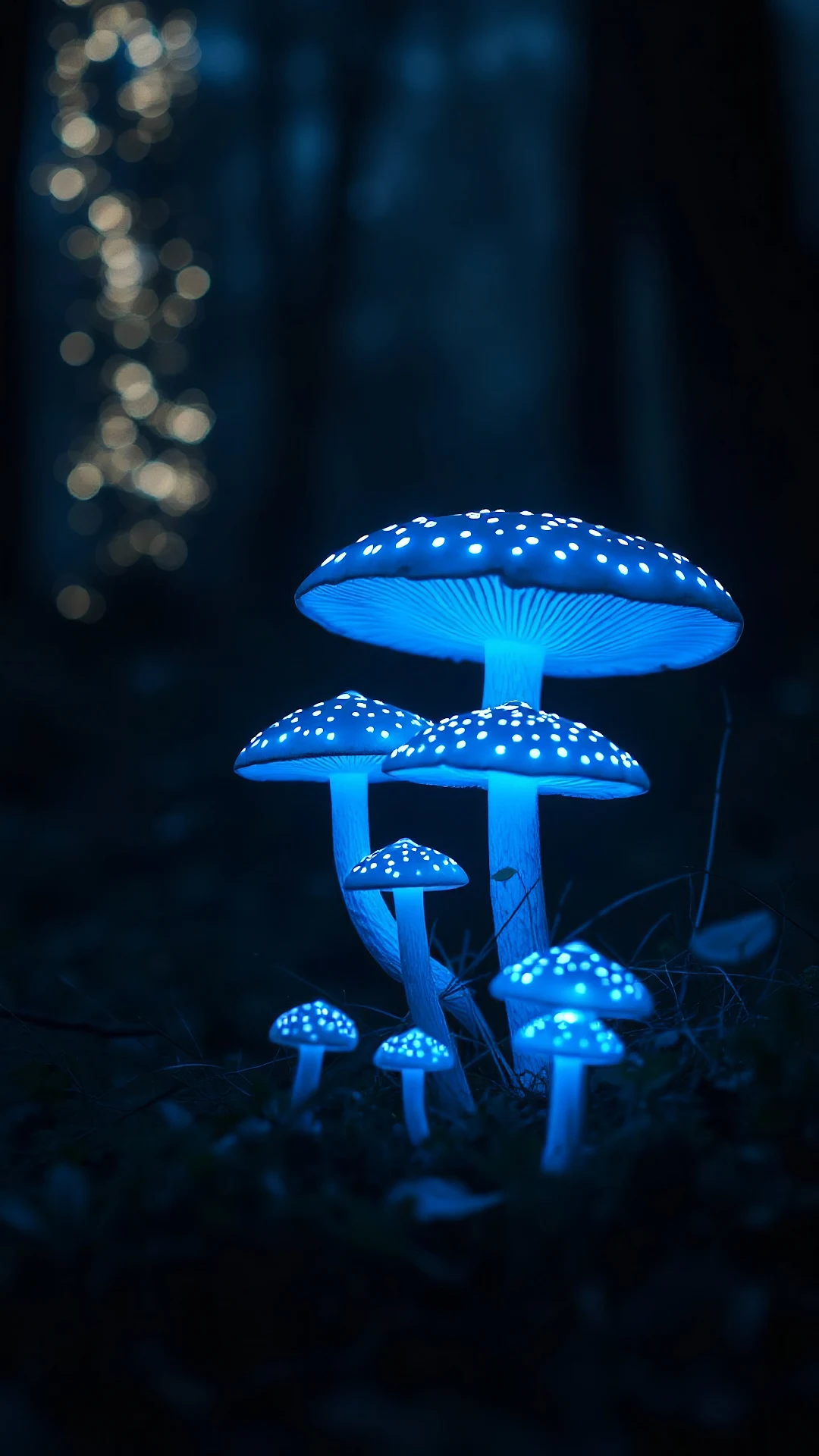 Glowing Blue Mushrooms in Dark Forest Night - Free 4K mobile Wallpaper