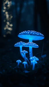 Glowing Blue Mushrooms in Dark Forest Night