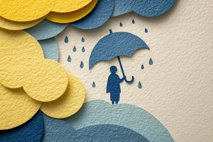 Ilustración en capas con técnica de recorte de papel, colores suaves y texturas artesanales.