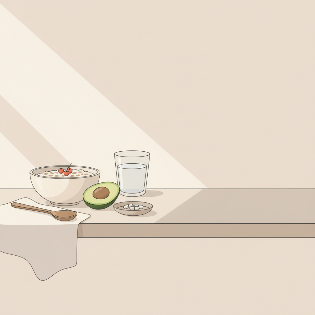 Vector hero breakfast scene with oats, berries, avocado half, glass of water, wooden spoon and small dish of capsules on pale wood tabletop — most effective weight loss pill